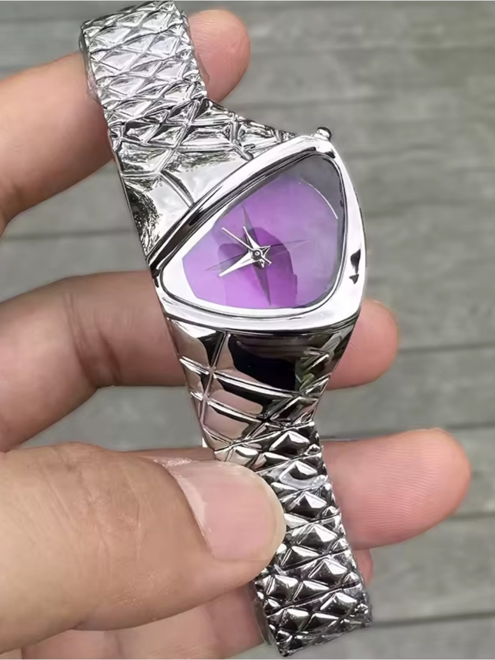 Women's Silver Bracelet Watch with Purple Faceted Dial
